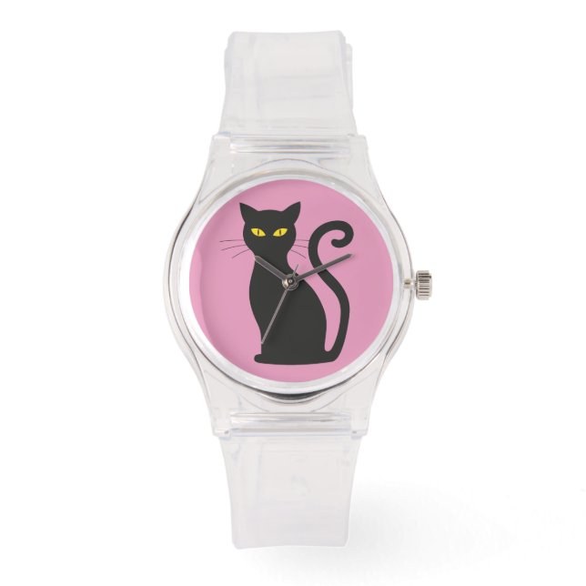 ZWARTE CAT RETRO LADIES PINK WRIST WATCH HORLOGE (Voorkant)