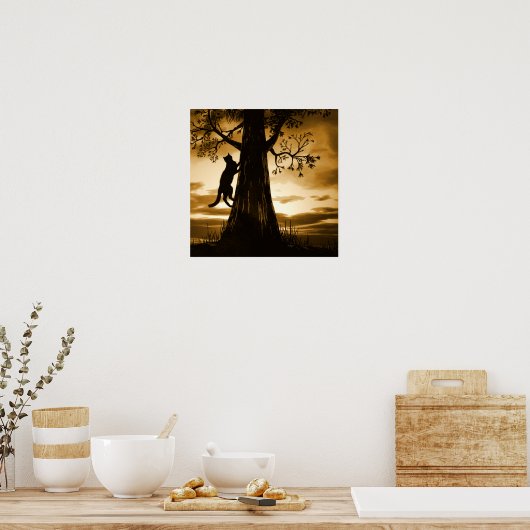 Zwarte Cat Tree Silhouette Sunset Poster Art Print (Keuken)