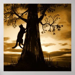 Zwarte Cat Tree Silhouette Sunset Poster Art Print