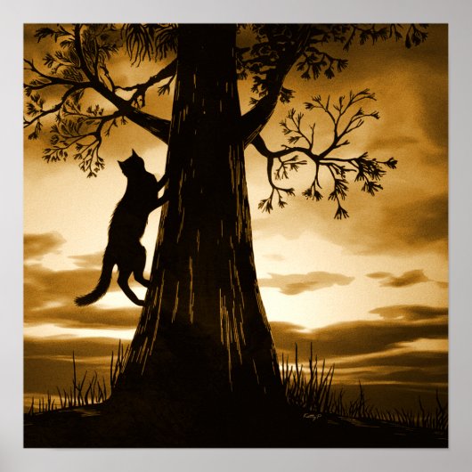 Zwarte Cat Tree Silhouette Sunset Poster Art Print (Voorkant)
