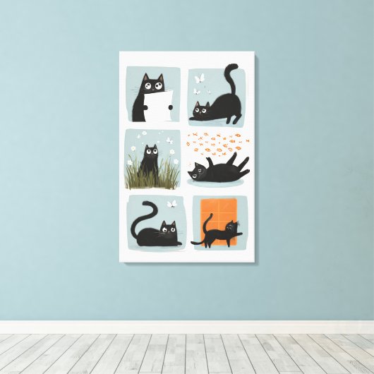 Zwarte Cat Wall Art Stretched Canvas Print (Insitu (Houten vloer))