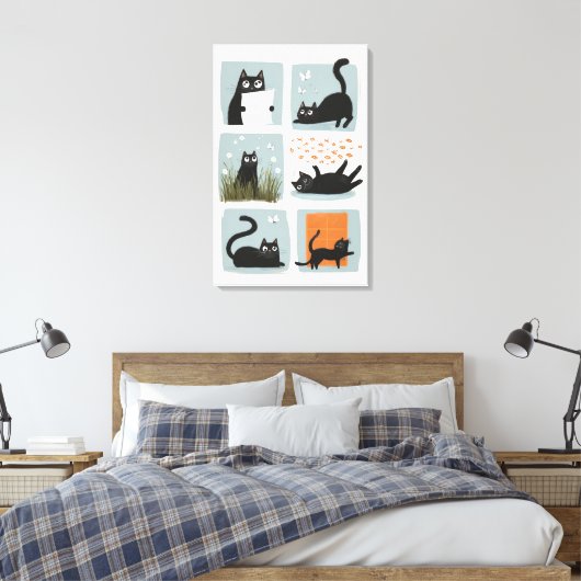 Zwarte Cat Wall Art Stretched Canvas Print (Insitu (Slaapkamer))