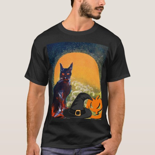 ZWARTE CAT, WITCH PET EN POMPKINS HALLOWEEN PARTIJ T-SHIRT (Voorkant)