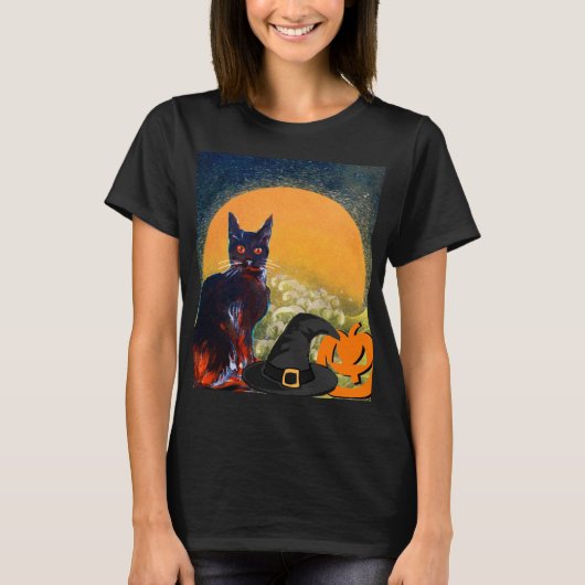 ZWARTE CAT, WITCH PET EN POMPKINS HALLOWEEN PARTIJ T-SHIRT (Voorkant)