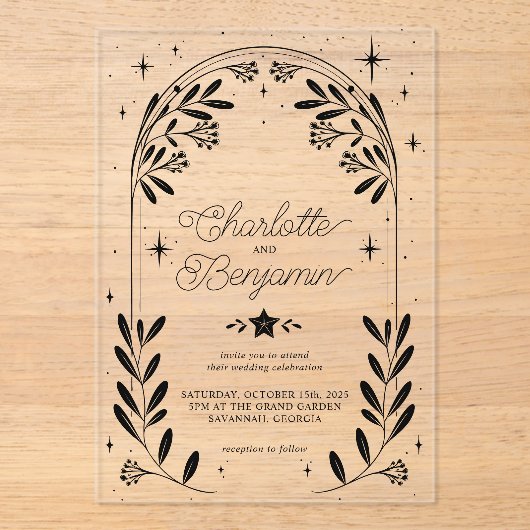 Zwarte Celestial Sterrenbloem Bloemboog bruiloft Acryl Uitnodigingen (Voorkant)