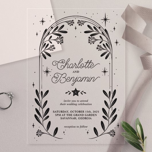 Zwarte Celestial Sterrenbloem Bloemboog bruiloft Acryl Uitnodigingen