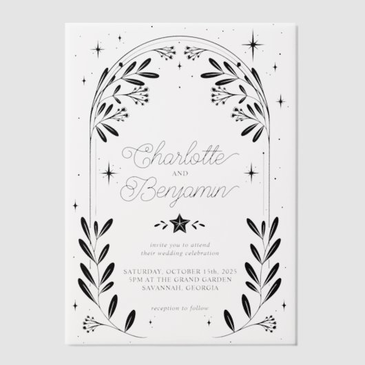 Zwarte Celestial Sterrenbloem Bloemboog bruiloft Vellum Uitnodigingen (Voorkant)