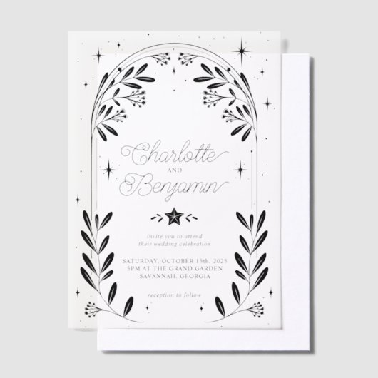 Zwarte Celestial Sterrenbloem Bloemboog bruiloft Vellum Uitnodigingen (Offset)
