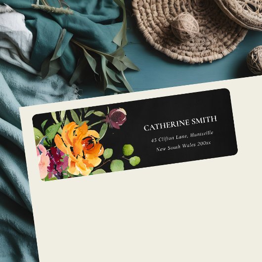 ZWARTE CHALKBOARD PINK GEEL ORANJE FLORAAL ADRES ETIKET