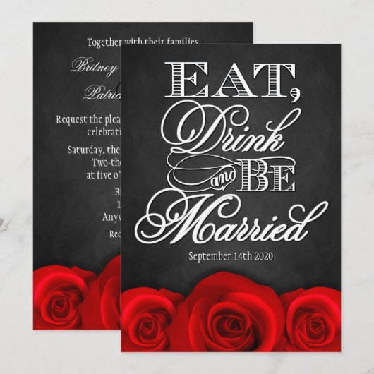 Zwarte Chalkboard Red Rose Wedding Invitting Kaart (Voorkant / Achterkant)