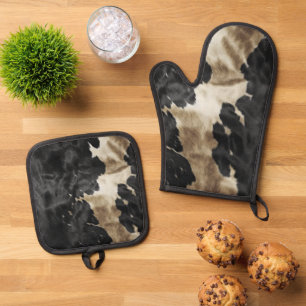 Zwarte Champagne Gouden Cowboy Cowgirl Koeienhuid Ovenwant & Pannenlap Set