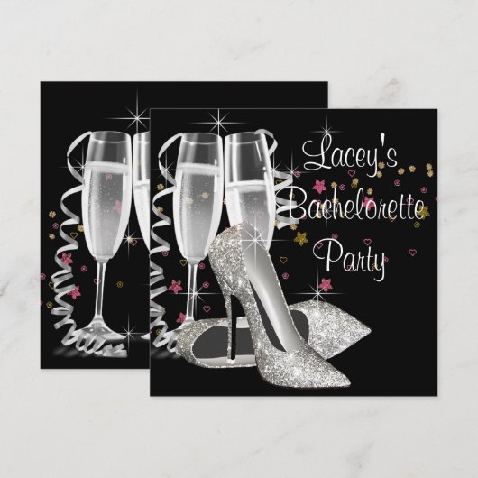 Zwarte Champagne High Heels Bachelorette Party Kaart (Voorkant / Achterkant)