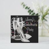 Zwarte Champagne High Heels Bachelorette Party Kaart (Staand voorkant)