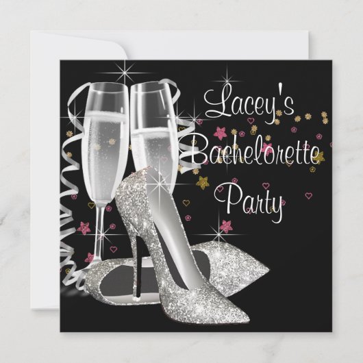 Zwarte Champagne High Heels Bachelorette Party Kaart (Voorkant)