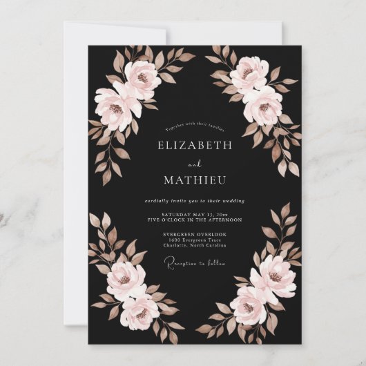 Zwarte Champagne Ranunculus Eucalyptus Bruiloft Kaart (Voorkant)
