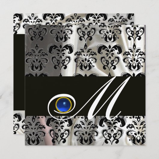 ZWARTE CHAMPAGNE ZIJDE DAMAST MONOGRAM BLAUWE SAPP KAART (Voorkant / Achterkant)