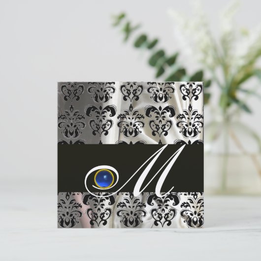 ZWARTE CHAMPAGNE ZIJDE DAMAST MONOGRAM BLAUWE SAPP KAART (Staand voorkant)