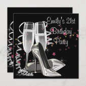 Zwarte Champaigne Hoge Hakken 21e Verjaardagsfeest Kaart (Voorkant / Achterkant)