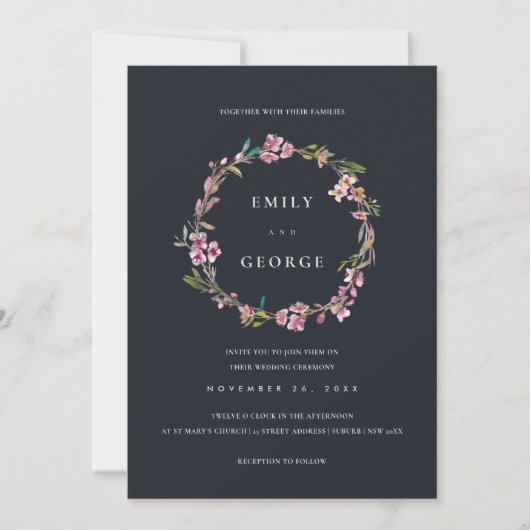 ZWARTE CHERRY BLOSSOM FLORAL WREATH WEDDING INVITE BEDANKKAART (Voorkant)