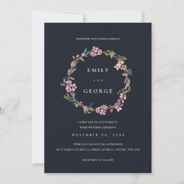 ZWARTE CHERRY BLOSSOM FLORAL WREATH WEDDING INVITE BEDANKKAART