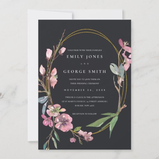 ZWARTE CHERRY BLOSSOM FLORAL WREATH WEDDING INVITE BEDANKKAART (Voorkant)