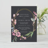 ZWARTE CHERRY BLOSSOM FLORAL WREATH WEDDING INVITE BEDANKKAART (Staand voorkant)