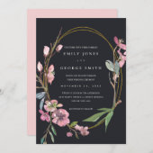 ZWARTE CHERRY BLOSSOM FLORAL WREATH WEDDING INVITE BEDANKKAART (Voorkant / Achterkant)