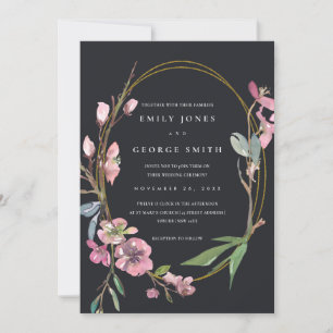 ZWARTE CHERRY BLOSSOM FLORAL WREATH WEDDING INVITE BEDANKKAART