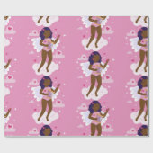 Zwarte cherub Afrikaanse engel harp harten wolken Cadeaupapier (Vlak)