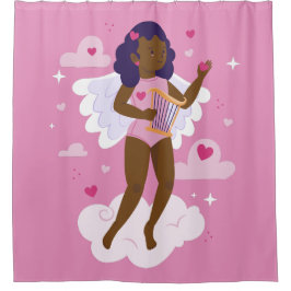 Zwarte cherub Afrikaanse engel harp harten wolken Douchegordijn