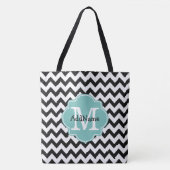 Zwarte Chevron Aqua Monogram & Persoonlijke naam Tote Bag (Voorkant)