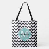 Zwarte Chevron Aqua Monogram & Persoonlijke naam Tote Bag (Achterkant)