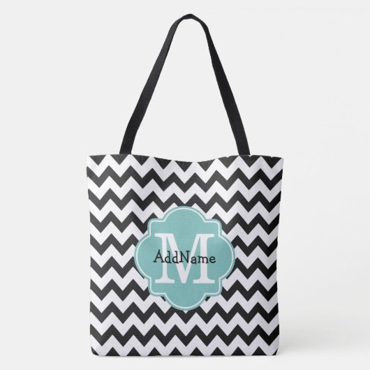 Zwarte Chevron Aqua Monogram & Persoonlijke naam Tote Bag (Achterkant)