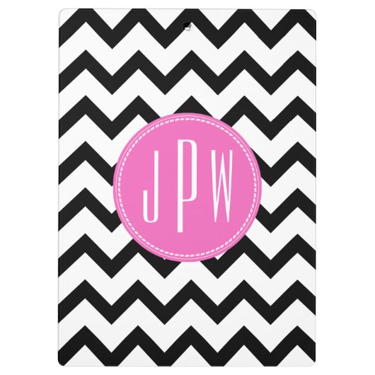 Zwarte Chevron en roze monogram Klembord (Achterkant)