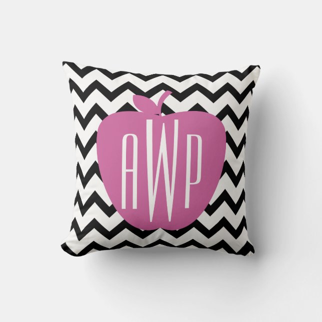 Zwarte Chevron Pink Apple Monogram leraar Kussen (Voorkant)