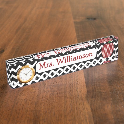 Zwarte Chevron Red Apple-leerstoel Naambordje (Zijkant)