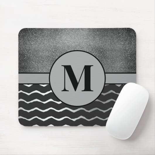 Zwarte Chevron Zilveren Glitter Monogram Initiaal Muismat (Met muis)