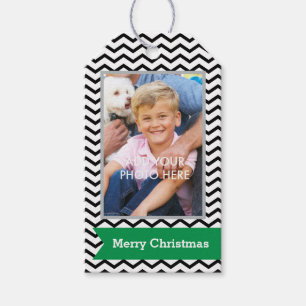 Zwarte Chevrons met groene banner en foto's Cadeaulabel