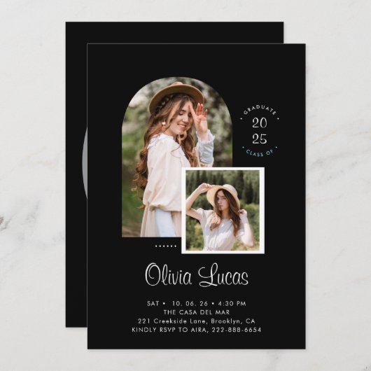 Zwarte Chic Boog Foto Script Overlay Afstuderen Aankondiging (Voorkant / Achterkant)