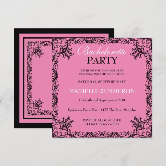 Zwarte Chic Rand Bachelorette Feest Uitnodiging (Voorkant / Achterkant)