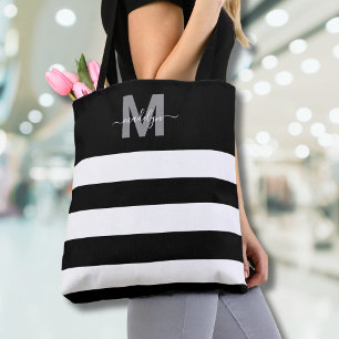 Zwarte Chic Strepen Naam Geborduurd Initialen Tote Bag