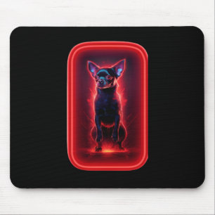 Zwarte Chihuahua danst te midden van neon rood lic Muismat