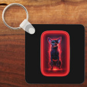 Zwarte Chihuahua danst te midden van neon rood lic Sleutelhanger (Voorkant)