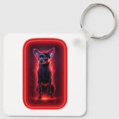 Zwarte Chihuahua danst te midden van neon rood lic Sleutelhanger (Achterkant)