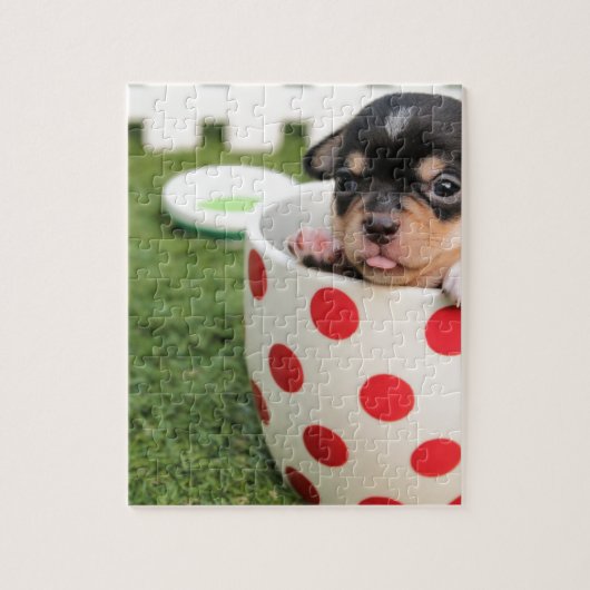 Zwarte chihuahua puppy in een rode spotty cup legpuzzel (Verticaal)