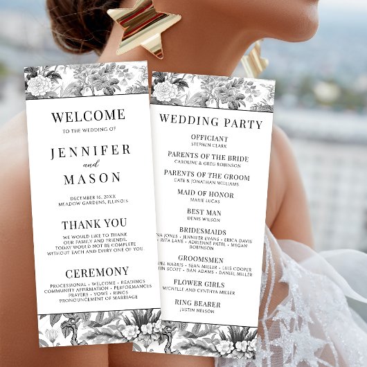 Zwarte chinoiserie bloemenbruiloft programma kaart