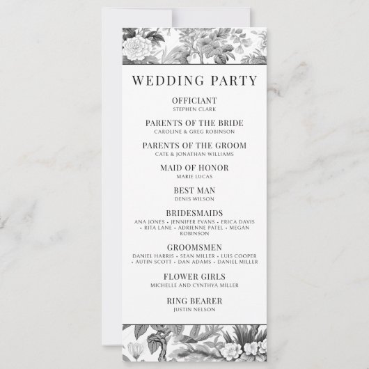 Zwarte chinoiserie bloemenbruiloft programma kaart (Achterkant)