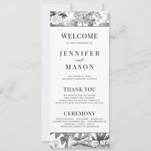 Zwarte chinoiserie bloemenbruiloft programma kaart (Voorkant)