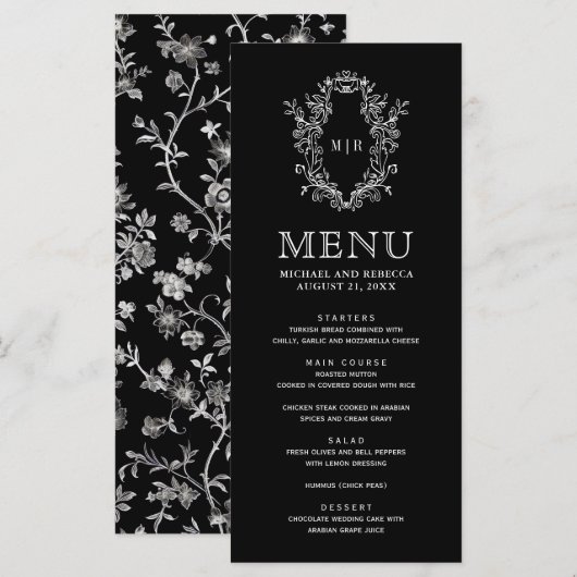 Zwarte Chinoiserie Crest Bruiloft Menu (Voorkant / Achterkant)