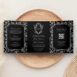 Zwarte Chinoiserie Wapen QR Code Trouwfeest Drieluik Uitnodiging